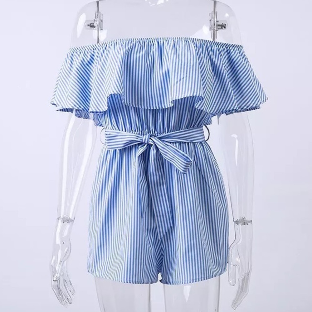 Blue Striped Off Shoulder Jumpsuit with Tie Waist - Picture 9 of 14